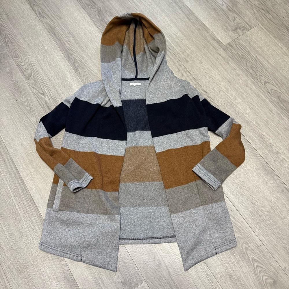 Maurices Women Gray Brown Striped Hooded Open Front Cardigan‎ Sweater Small